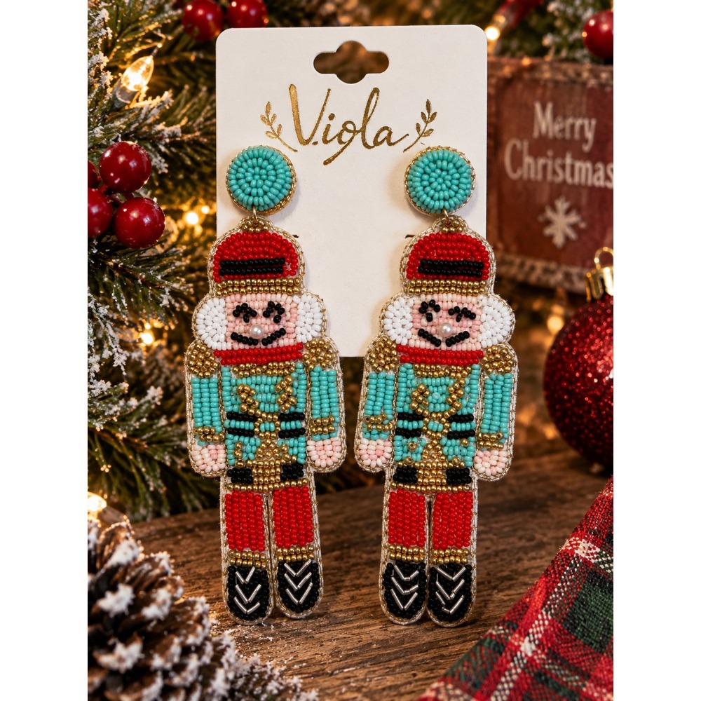 Turquoise Red Nutcracker Seed Bead Earrings Christmas Soldier Statement 3.75"
